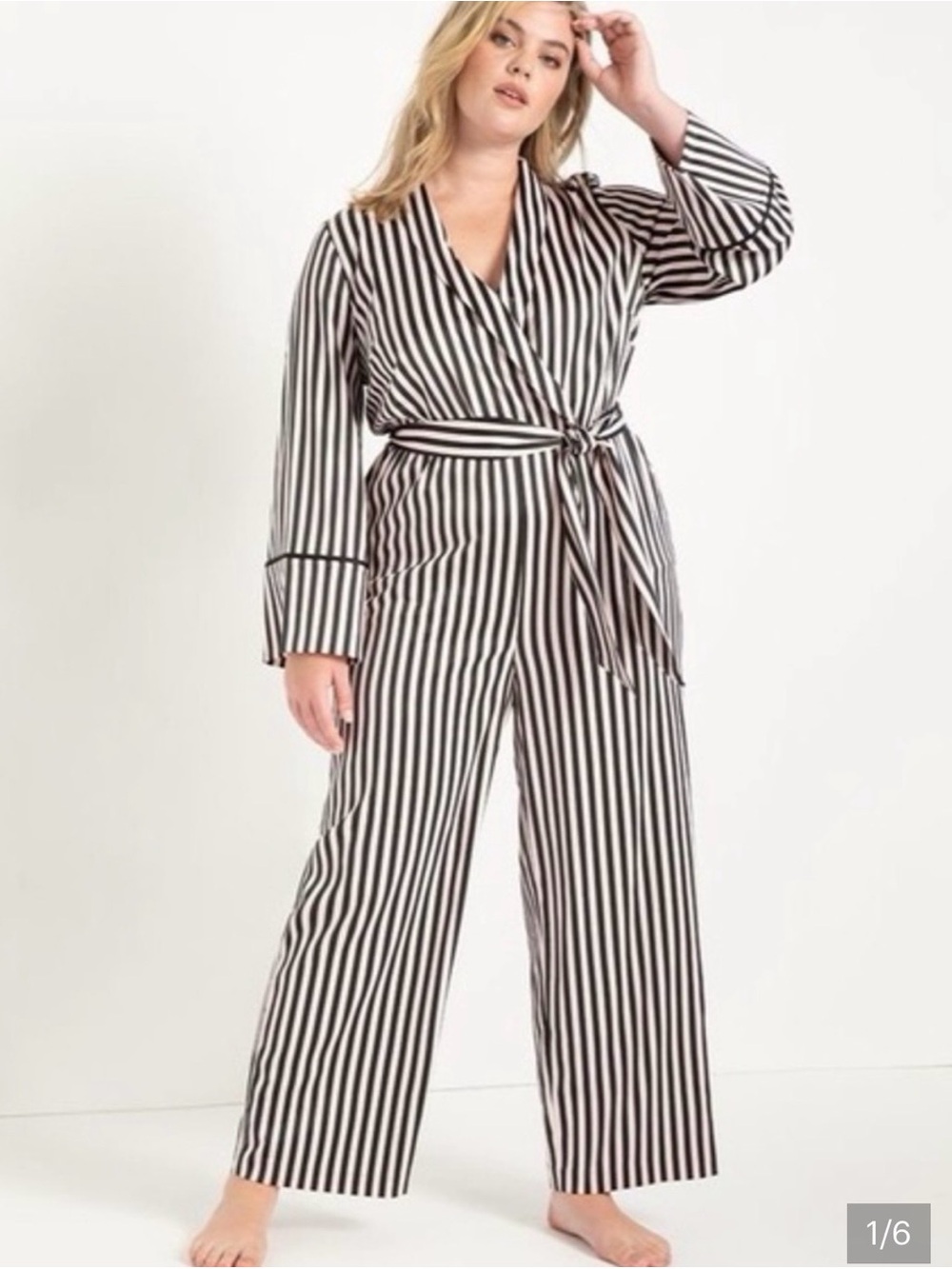 Eloquii Striped Black and Blush Pink Wrap Pajama Style Jumpsuit Women